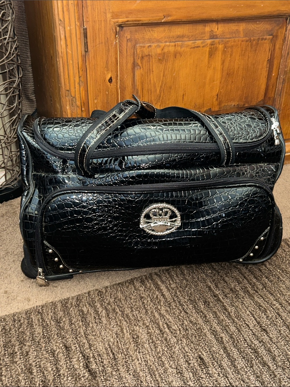 Kathy Van Zeeland Black Croc-Embossed Duffel with Silver Emblem